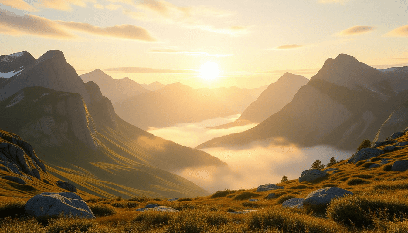 Sunlight spills across a vast, misty valley, highlighting the rugged texture of ancient granite peak