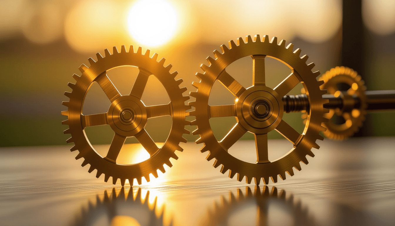 Brass gears catch golden hour light on a kinetic sculpture, their slow motion captured with long exp