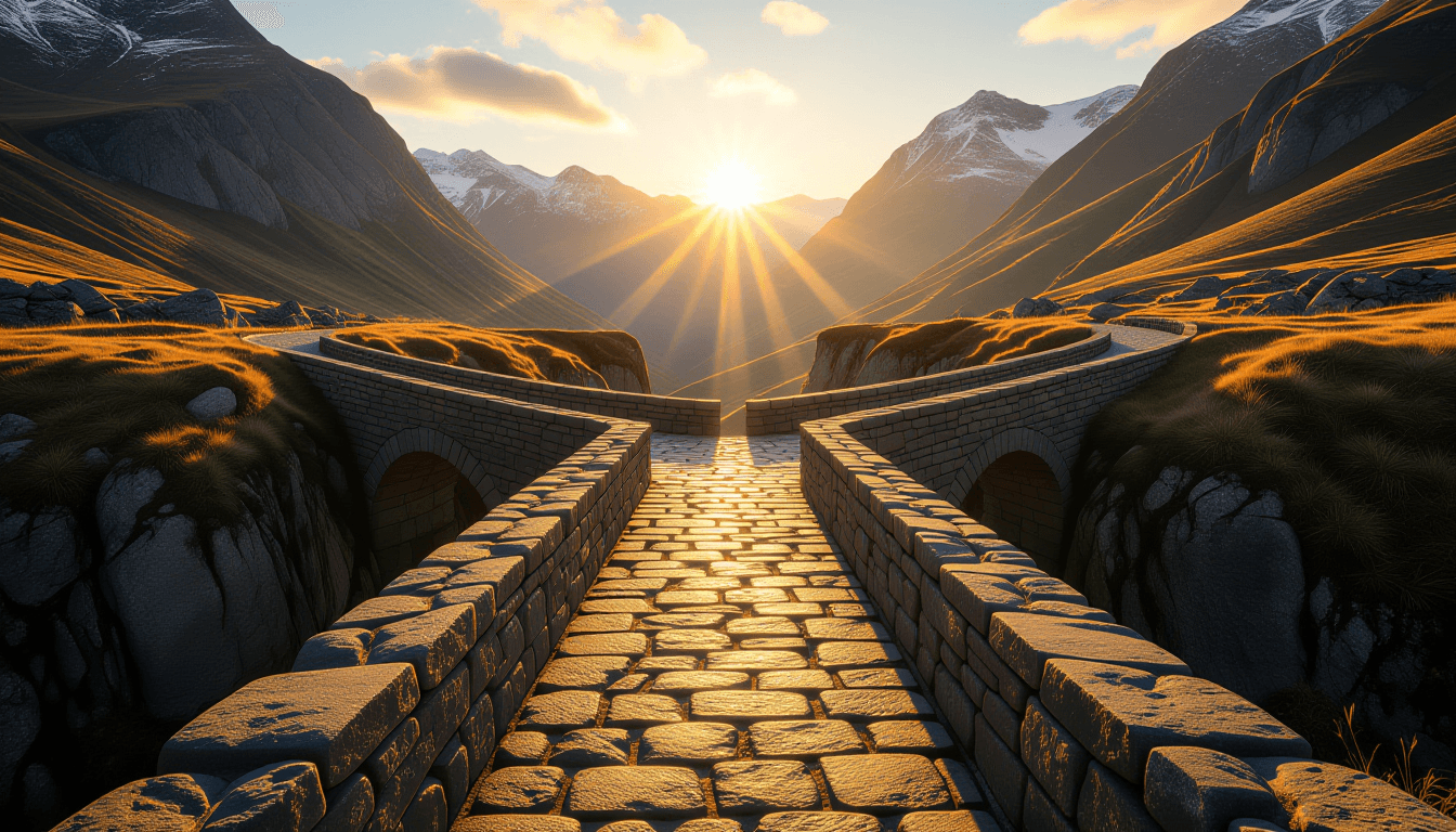 Golden hour light washes over a narrow stone bridge spanning a deep, shadowed chasm, connecting two