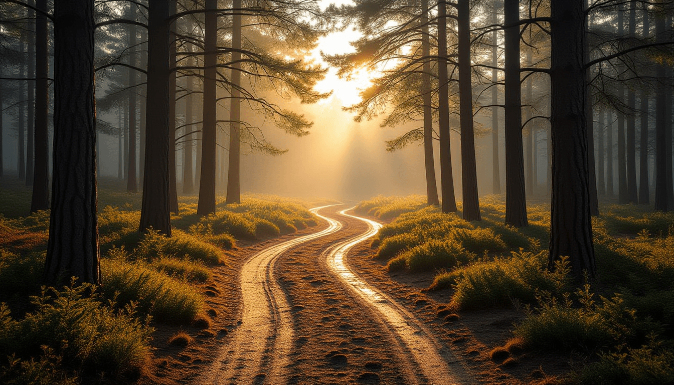 A winding dirt path vanishes into a misty pine forest at golden hour, where dappled sunlight illumin