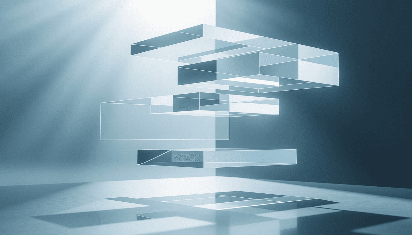 Overcast diffused light catches layered translucent planes of frosted glass, suspended in mid-air li