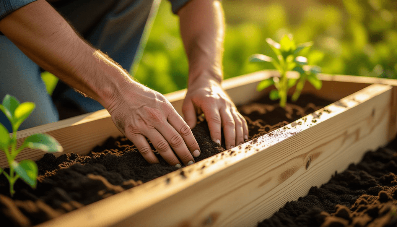 Golden hour light glows on weathered hands pressing fresh earth into the crevices of a wooden plante