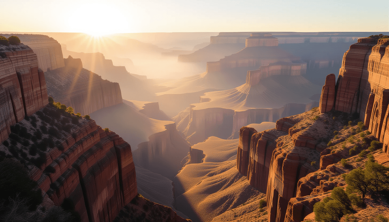 Golden hour light spills over a vast, misty canyon, revealing distinct, unwavering rock strata that