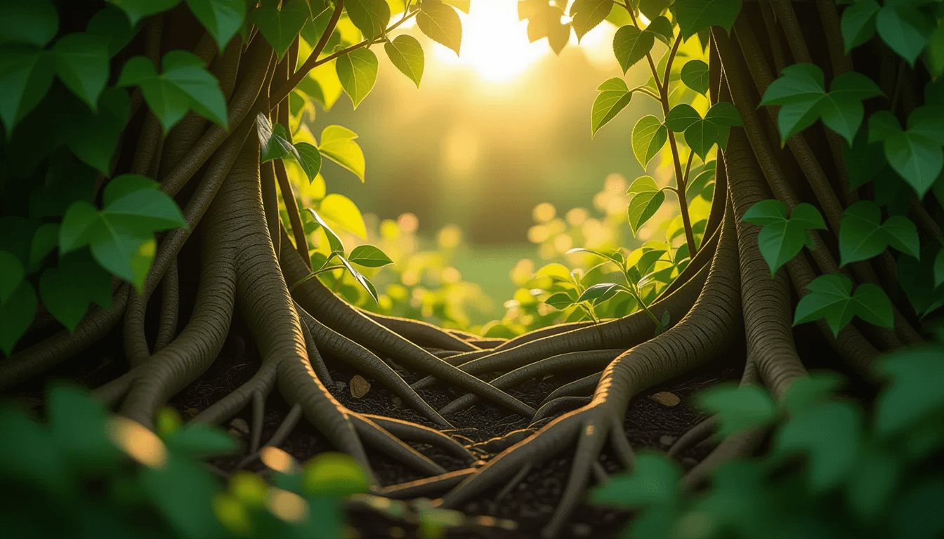 Golden hour sunlight filters through dense, twisting ivy and deep root systems in a lush garden, hig