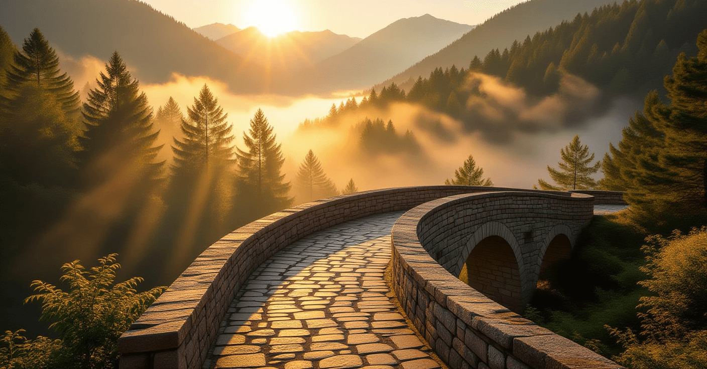 A weathered stone bridge spans a misty valley at golden hour, its winding path disappearing into sun