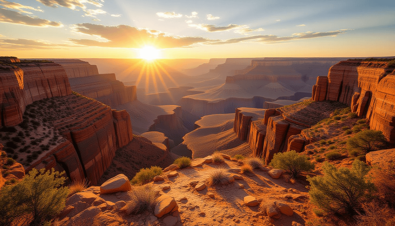 Golden hour light spills across a vast canyon, illuminating a winding trail that cuts through rugged