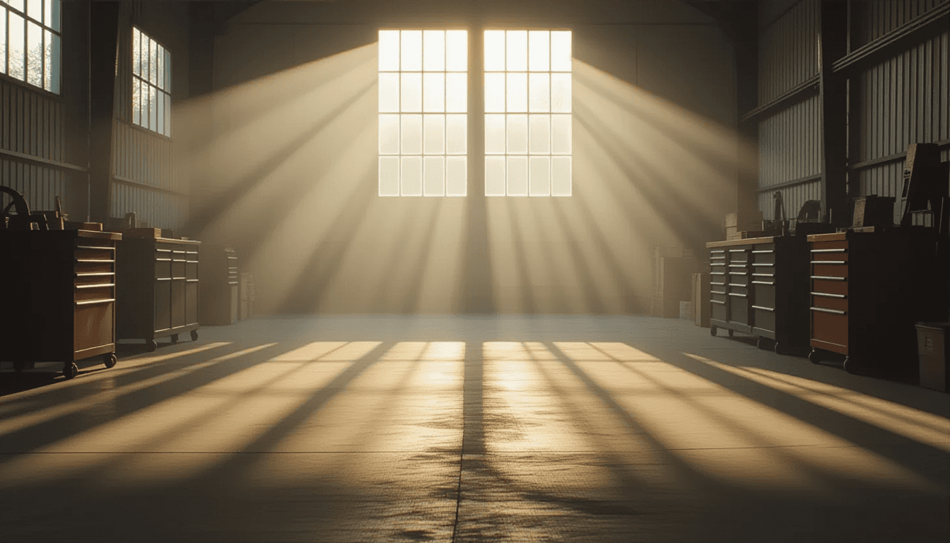Dawn light pierces through thick morning fog, casting long, distinct beams across a quiet, empty wor