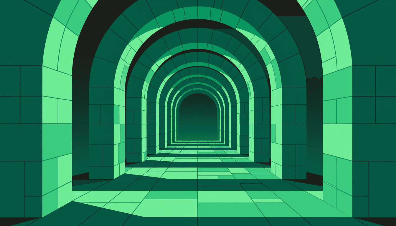 A series of ascending emerald-tinted stone arches form a stable, rhythmic pathway over a dark void