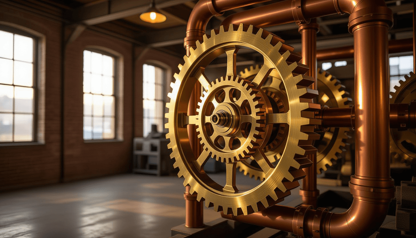 Golden hour light glints off interlocking brass gears and copper pipes in an industrial loft, captur