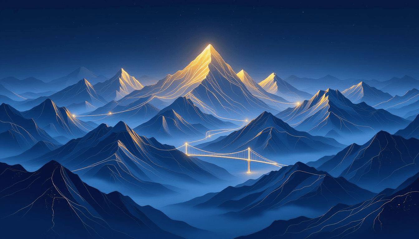A vast, glowing topographic map where peaks of gold and valleys of deep indigo rise from a misty bas