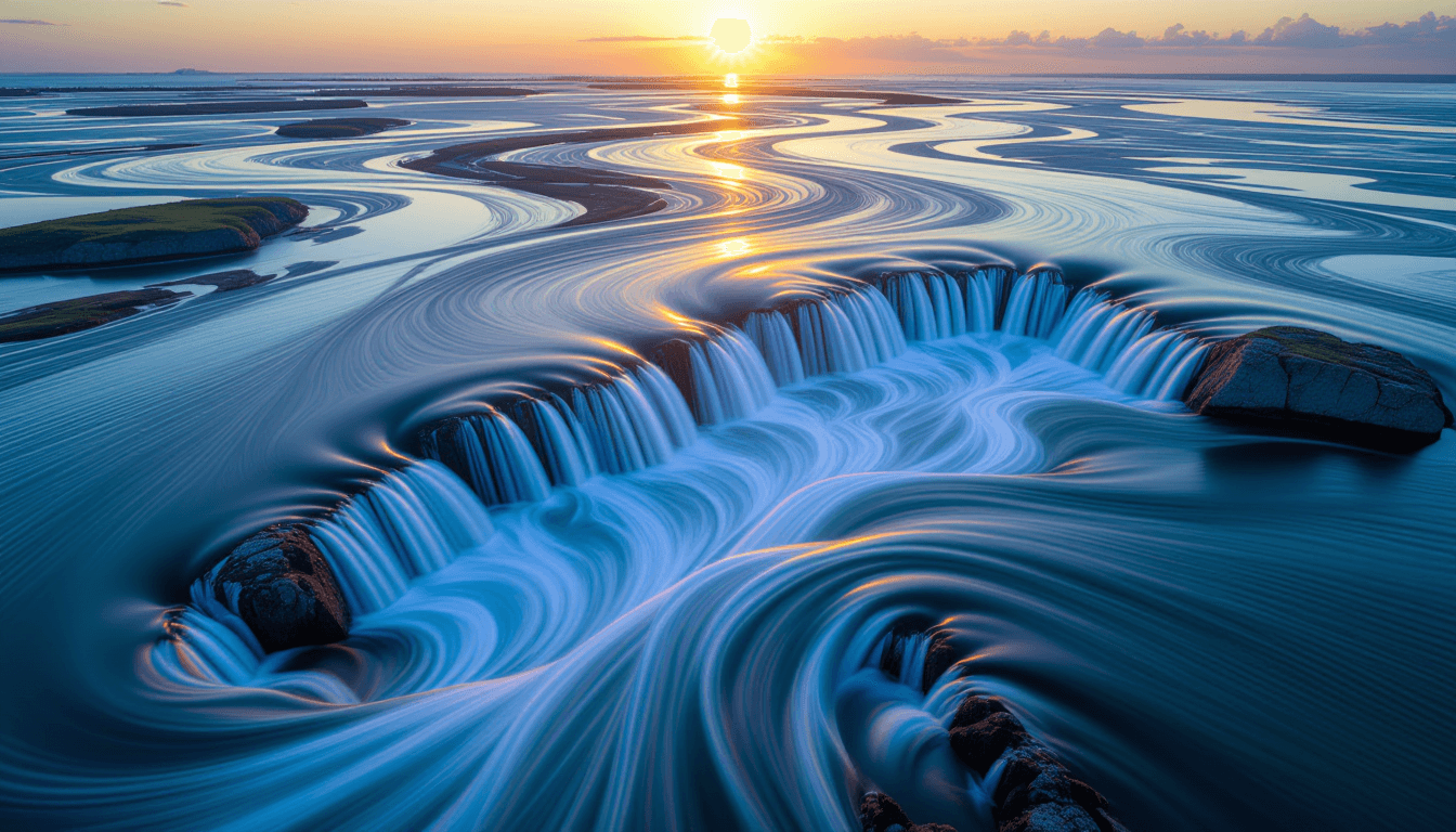 Wide-angle aerial shot of a turbulent river delta at golden hour, where silvery currents converge an