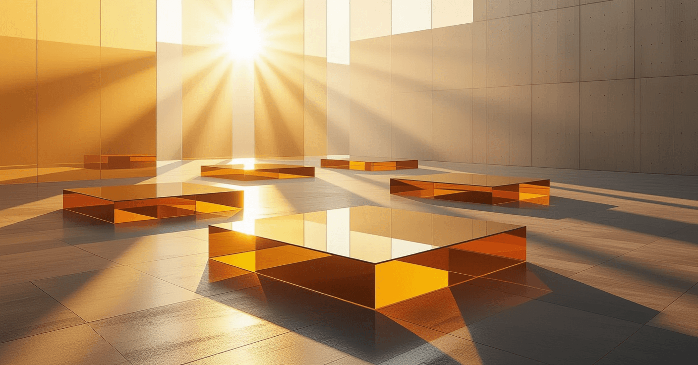 Golden hour light fractures through layered translucent acrylic planes, casting sharp, tessellated g