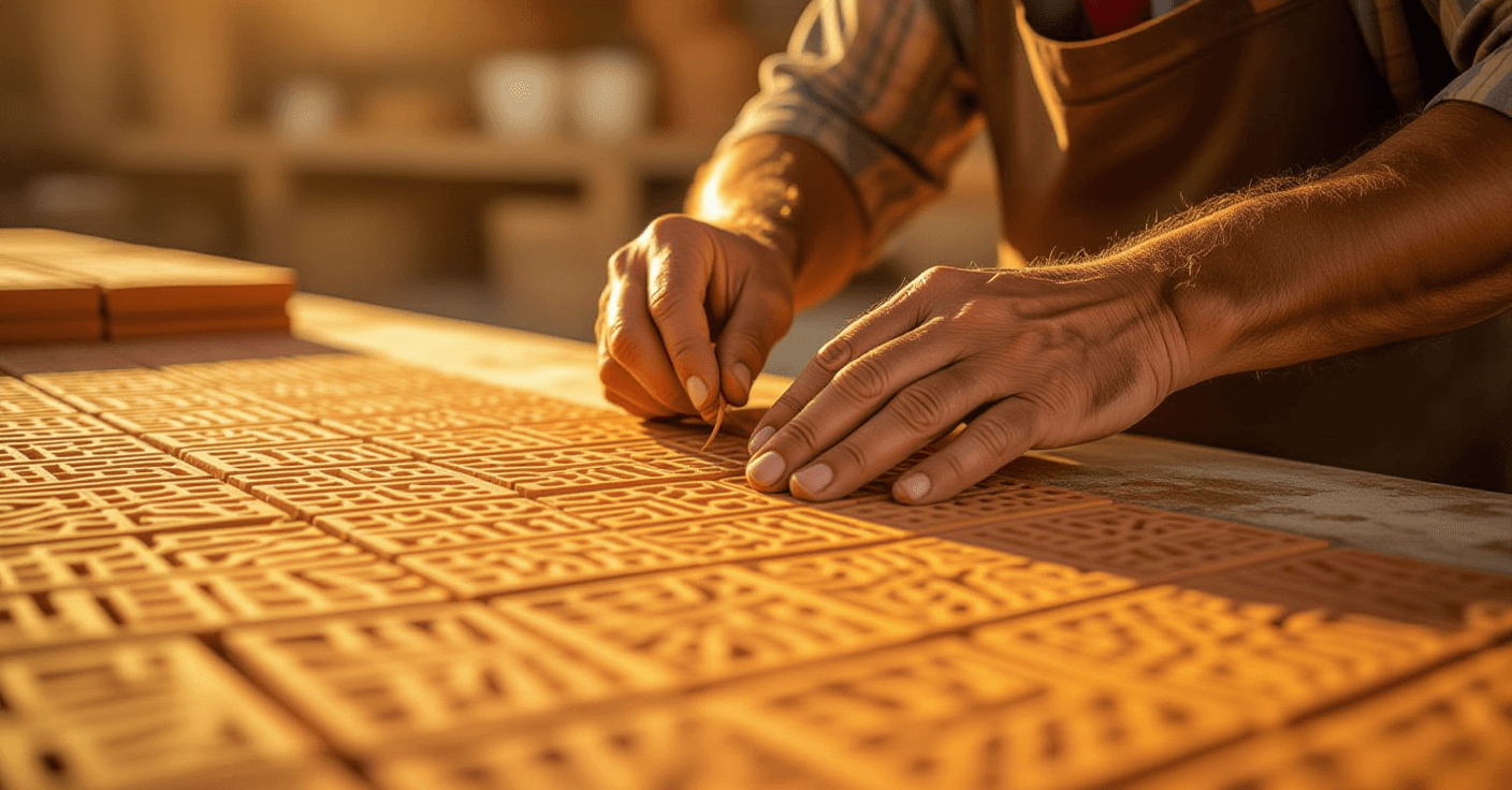 Golden hour light illuminates rough hands weaving intricate terracotta tiles, shallow depth of field