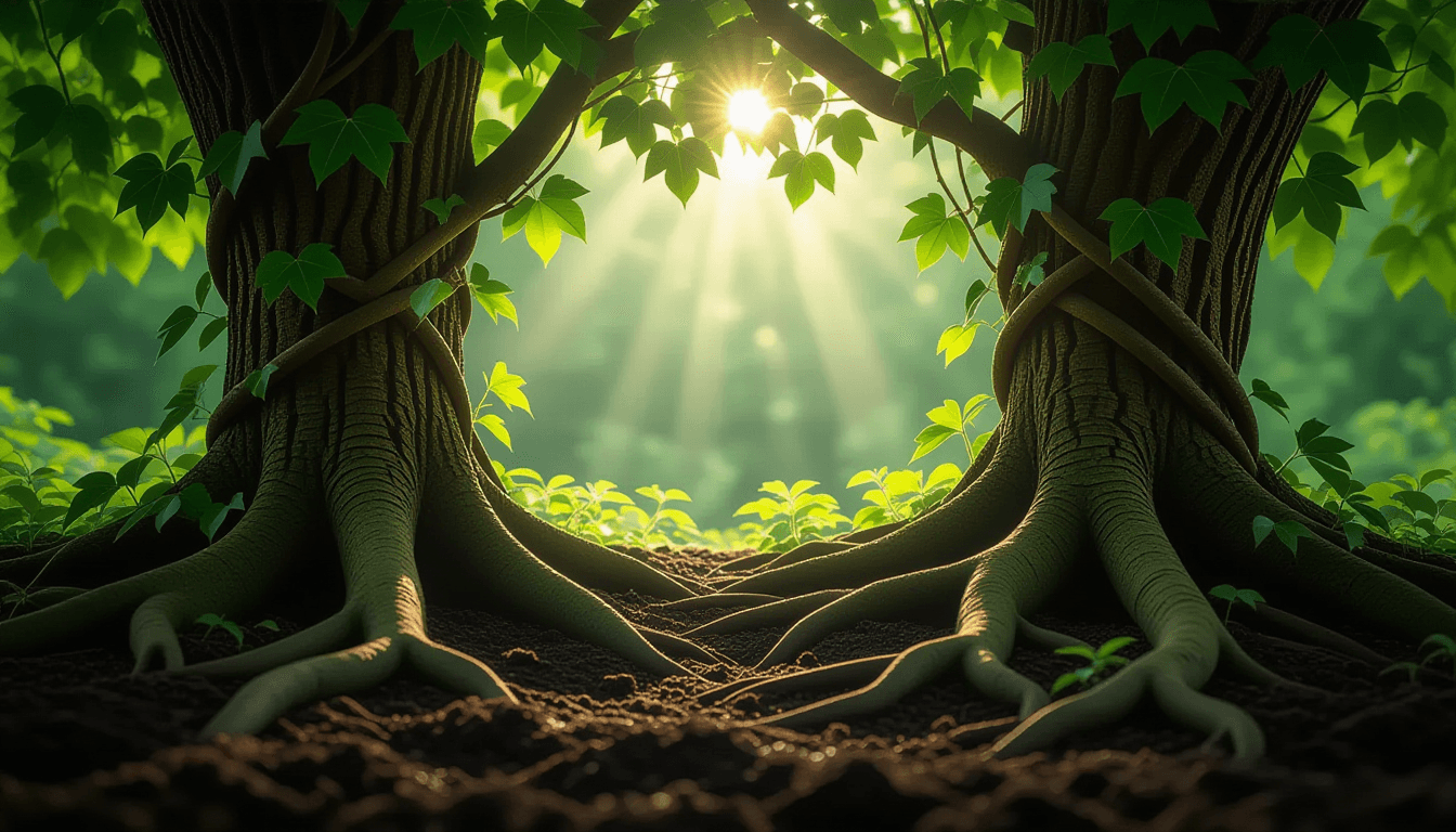 Sunlight filters through a dense, tangled canopy of ivy and oak roots, highlighting the organic, int