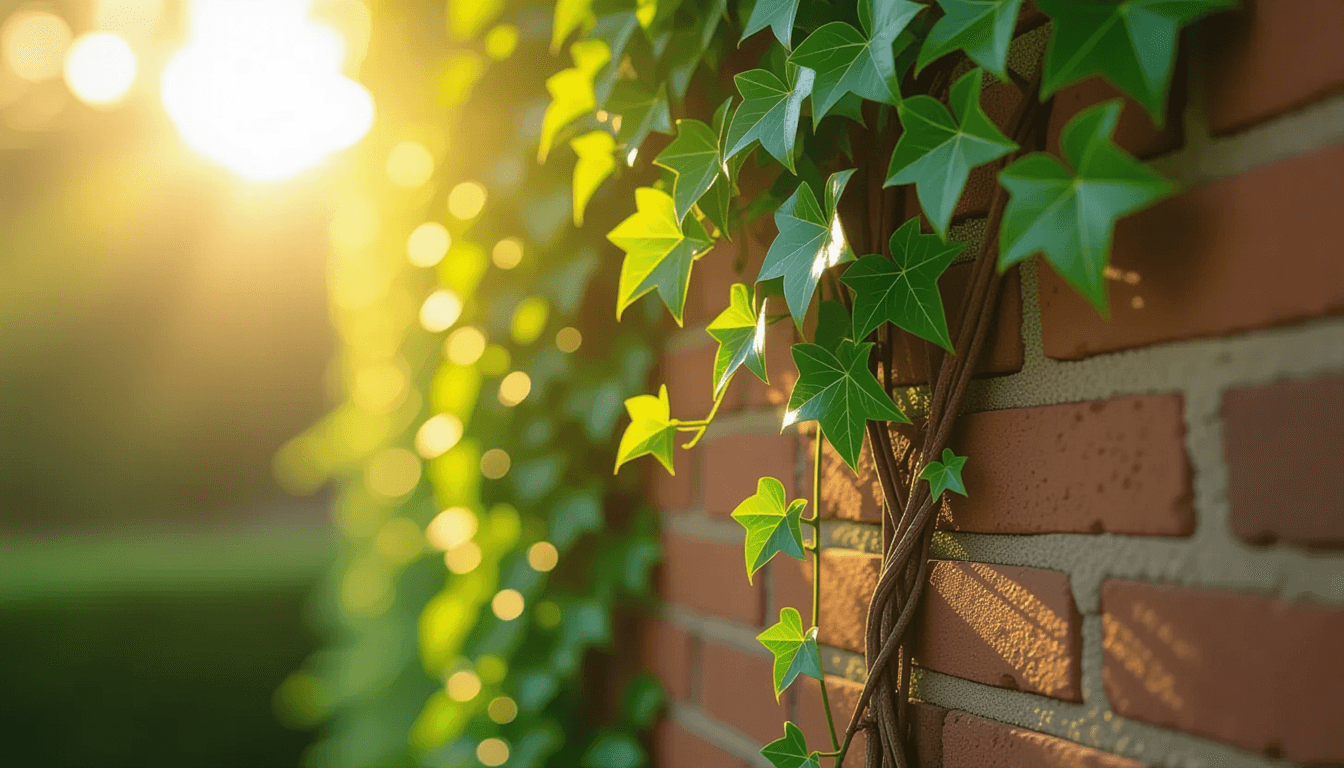 Sunlight filters through a dense canopy of ivy climbing a brick wall, highlighting fresh green shoot