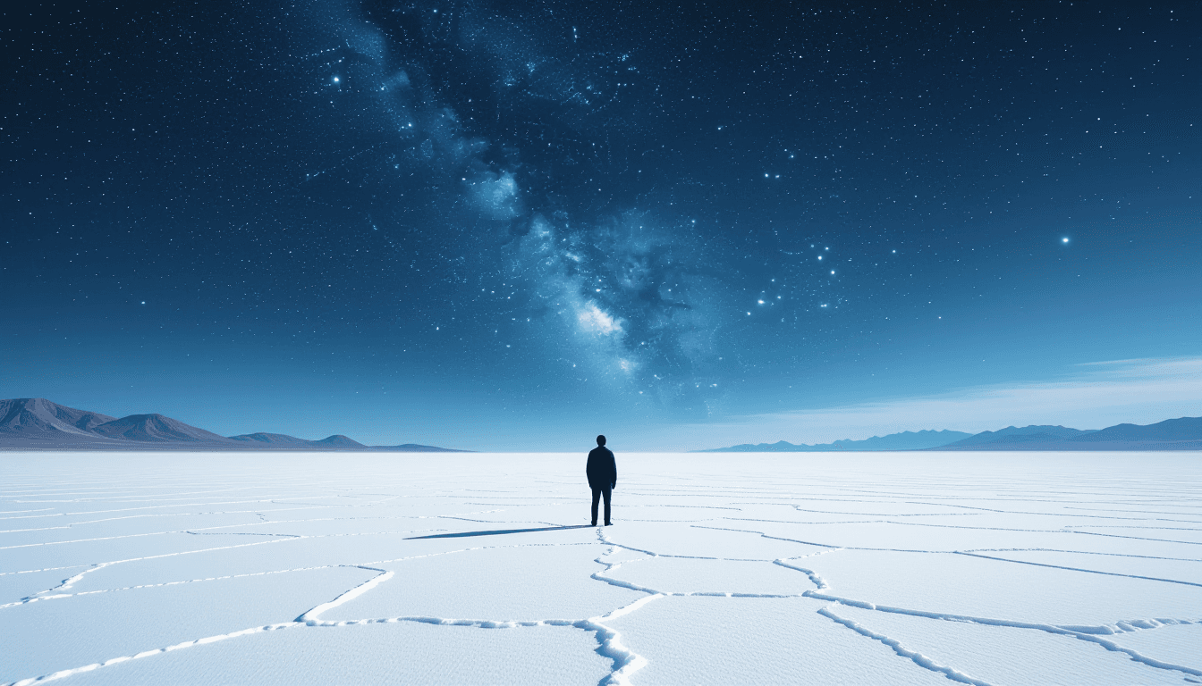 A lone figure stands on a vast, flat salt flat under a stark, overcast sky, dwarfed by the immense