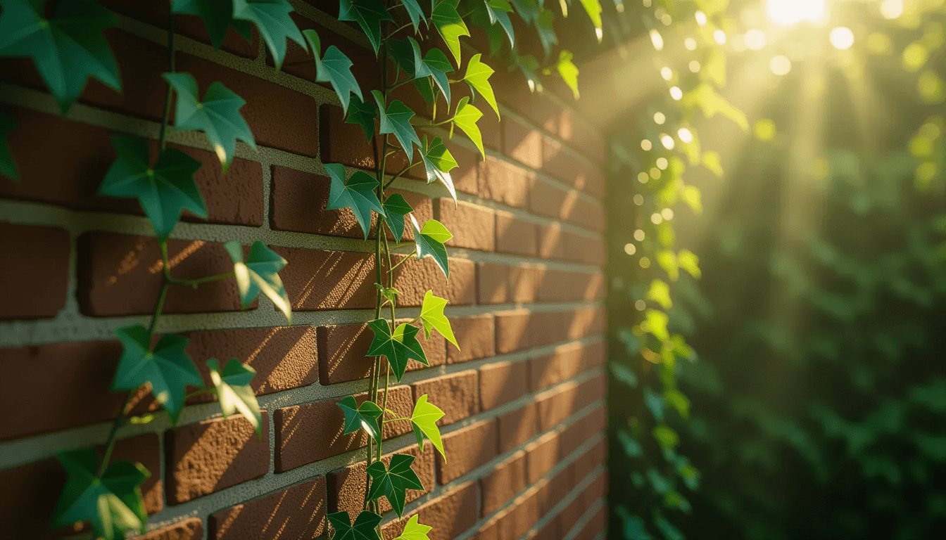 Sunlight filters through a dense, thriving canopy of ivy, illuminating fresh green shoots climbing a