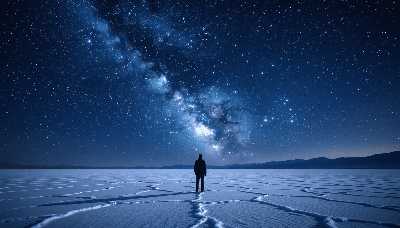 A lone figure stands on a desolate salt flat at twilight, dwarfed by the Milky Way’s dense starfield