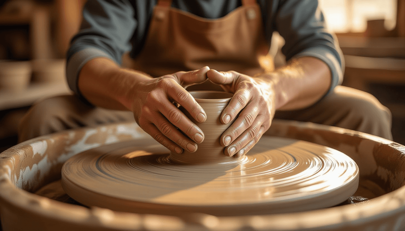 Golden hour light washes over a potter’s calloused hands centering wet clay on a spinning wheel, sha