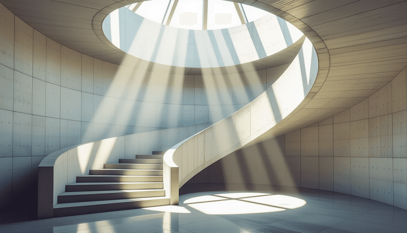 Sunlight fractures through a brutalist concrete spiral staircase, casting sharp geometric shadows th