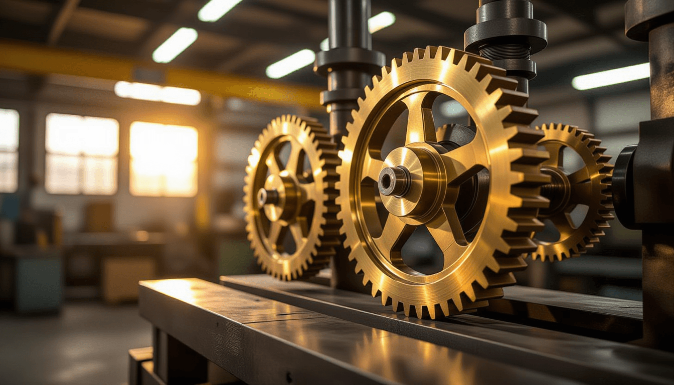 Golden hour light glints off interlocking brass gears in motion within an industrial workshop, shall