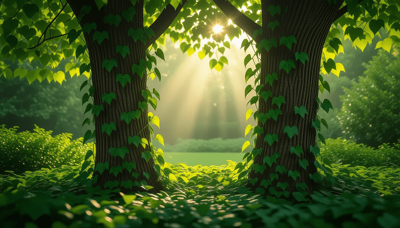 Morning light filters through a dense, interconnected canopy of climbing ivy, highlighting the intri
