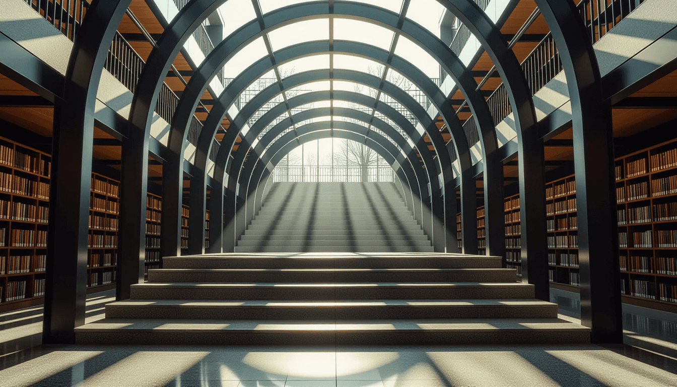 Sunlight slants through the rhythmic steel arches of a modern library, illuminating dust motes danci