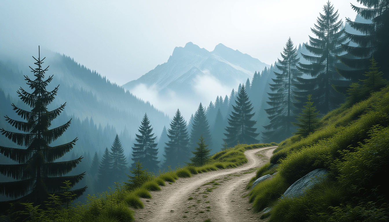 A winding dirt trail ascends through misty pine forest, leading toward a rugged mountain pass in the