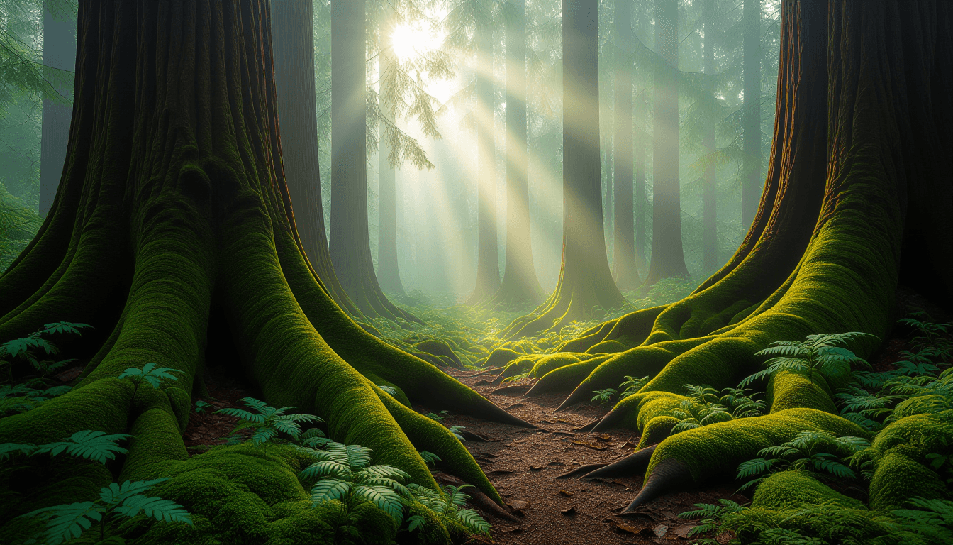 Morning mist clings to a dense forest floor where thick, gnarled roots sprawl across damp moss, illu