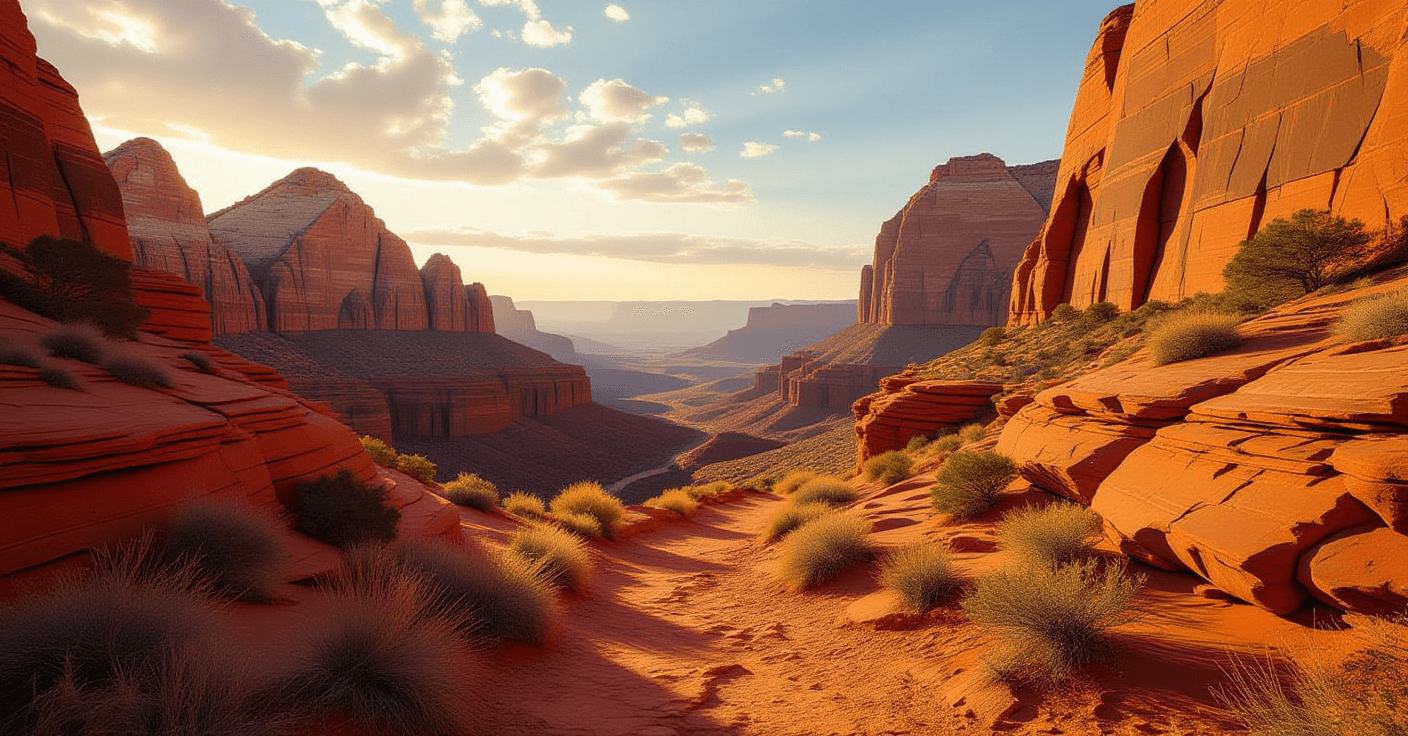 A narrow canyon path winds through red rock strata under golden hour light, emphasizing depth and pe