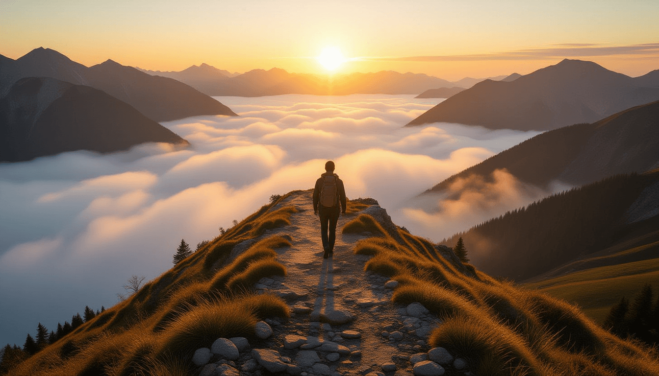A lone hiker walks a narrow ridge at golden hour, overlooking a vast, mist-filled valley below, emph