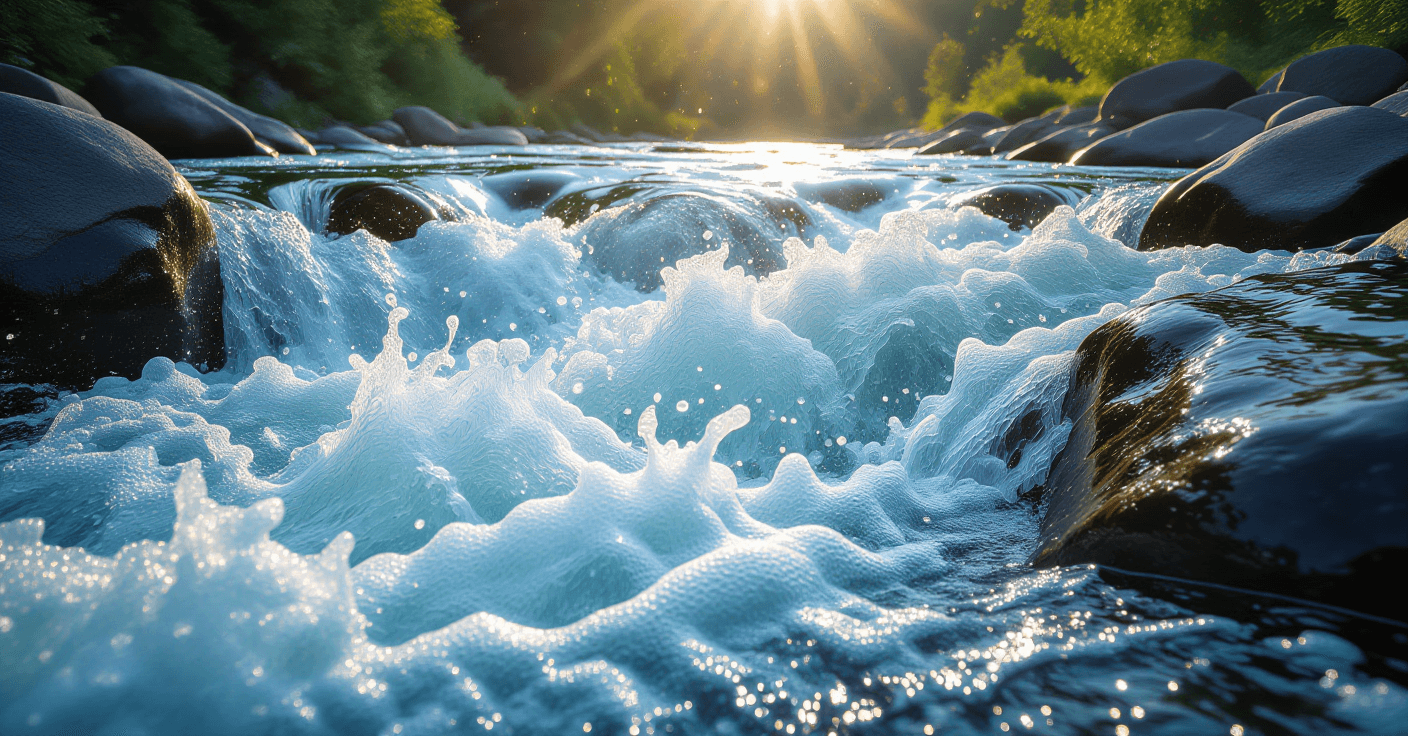 Sunlight pierces turbulent river rapids, churning white foam against dark, smooth stones, while a narrow channel cuts through the white water