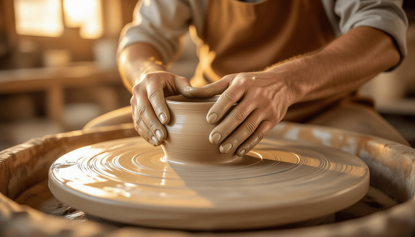 Golden hour light glints off calloused fingers pinching wet clay on a spinning wheel, shallow depth