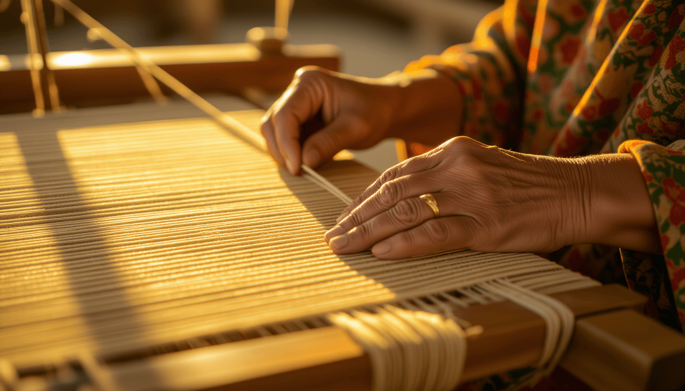 Golden hour light glints off a weaver’s calloused fingers guiding raw, uneven threads through a wood