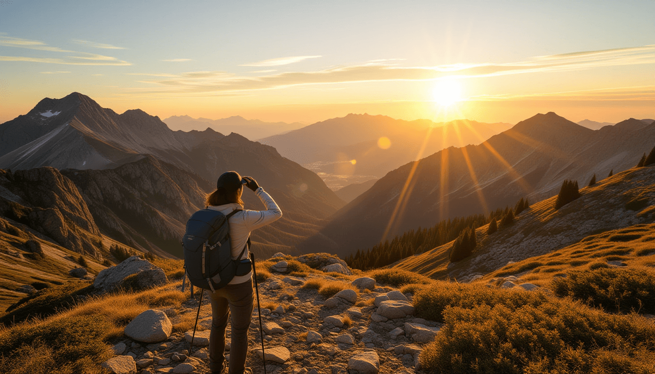 A lone hiker pauses on a rugged mountain trail at golden hour, squinting toward a distant, sun-drenc