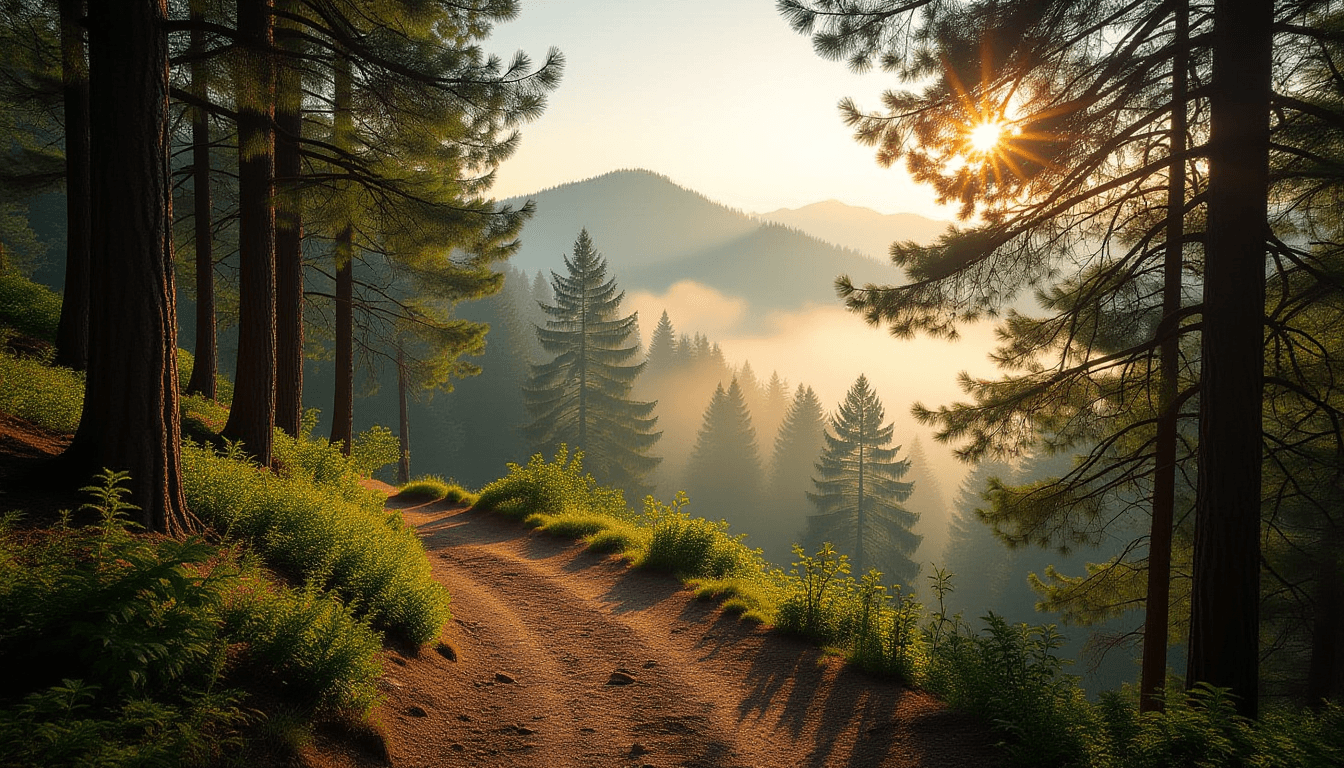 Sunrise light filters through a dense pine forest, illuminating a narrow, winding dirt trail that cl