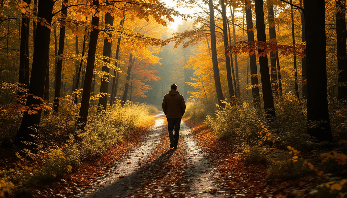 A lone figure walks a narrow, winding dirt path through dense autumn forest, dappled sunlight filter
