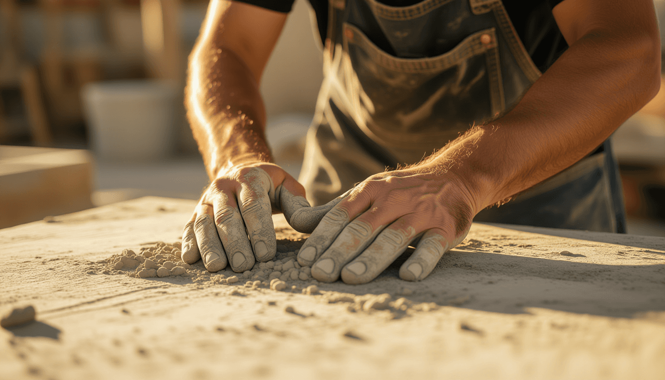 Golden hour light spills over calloused hands meticulously smoothing rough concrete in a mold, shall