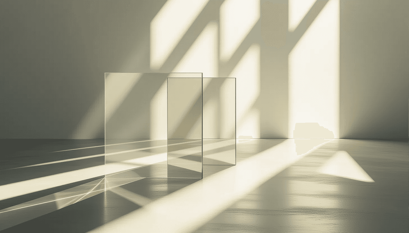 Sunlight pierces through layered translucent acrylic panels, casting sharp geometric shadows on a mi