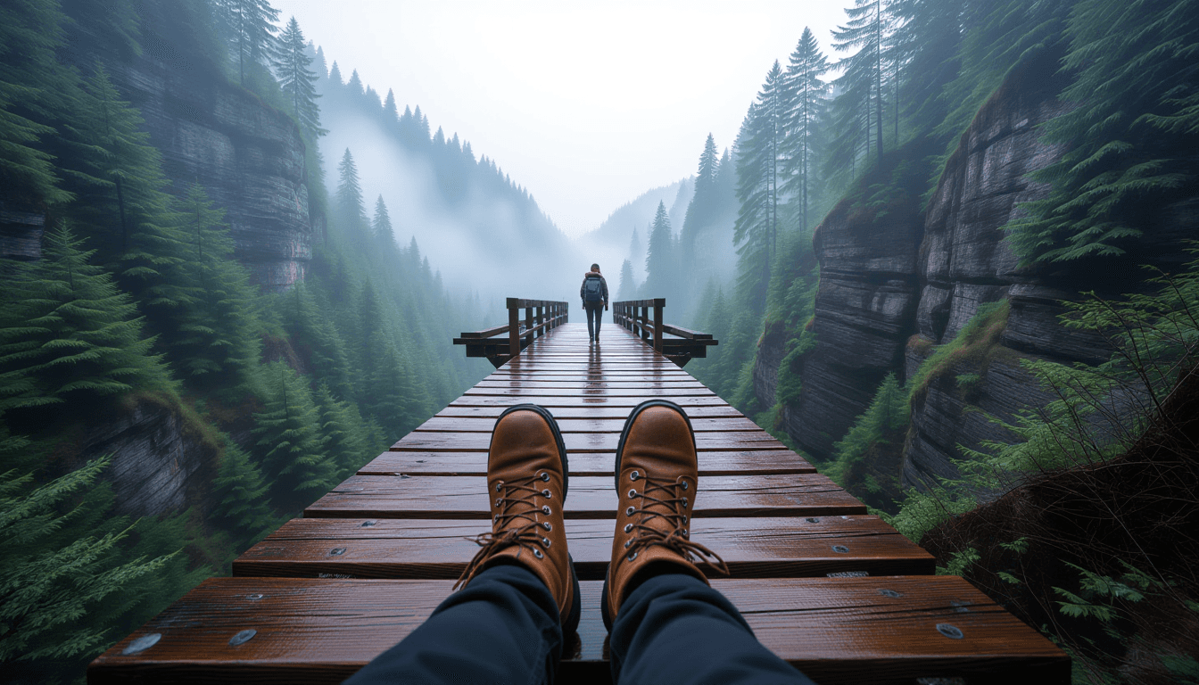A lone hiker’s boots step onto a weathered wooden plank bridge spanning a misty, deep gorge, capture