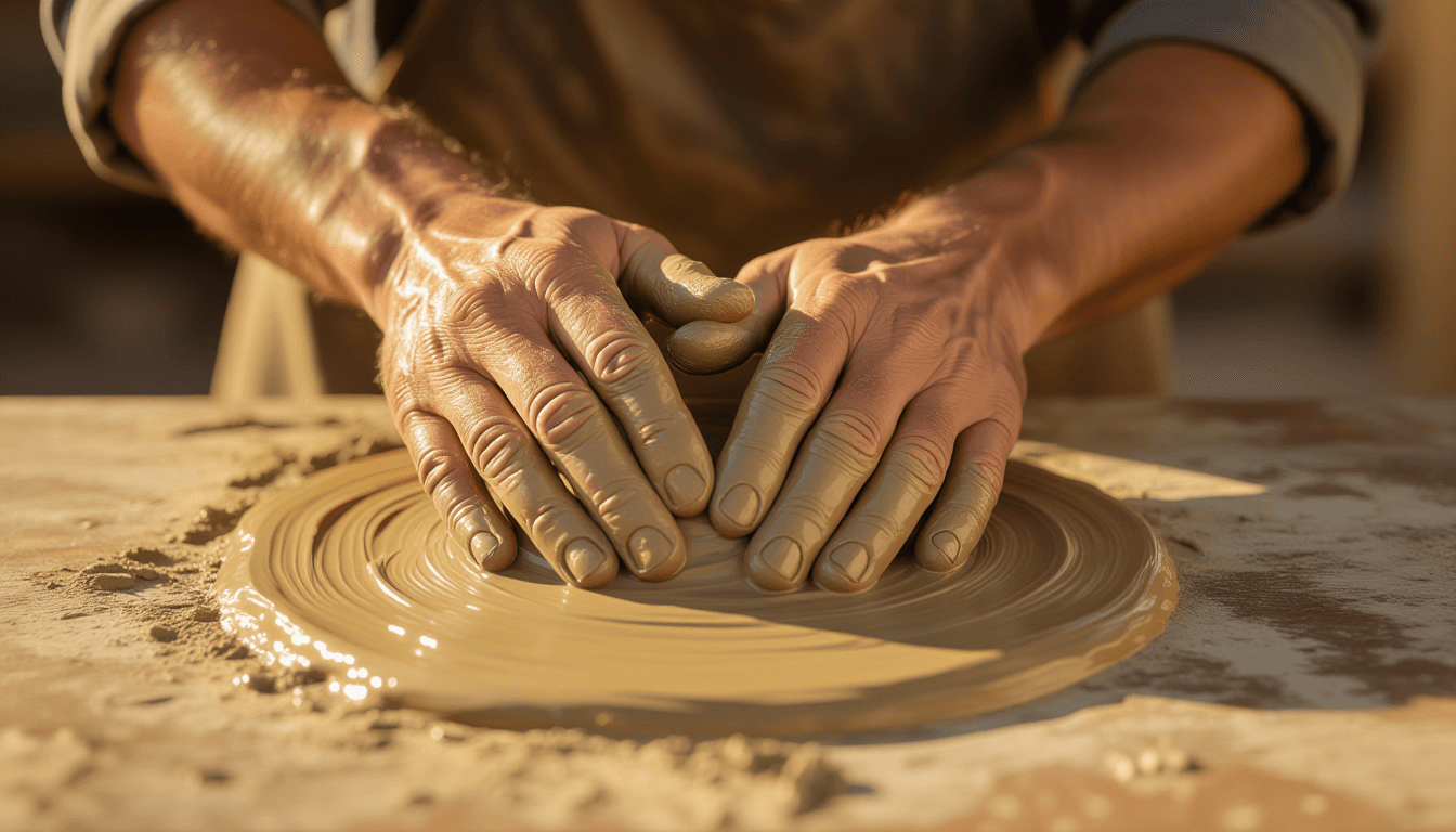 Golden hour light catches calloused hands kneading wet clay, fingers pressing deep into the soft sur
