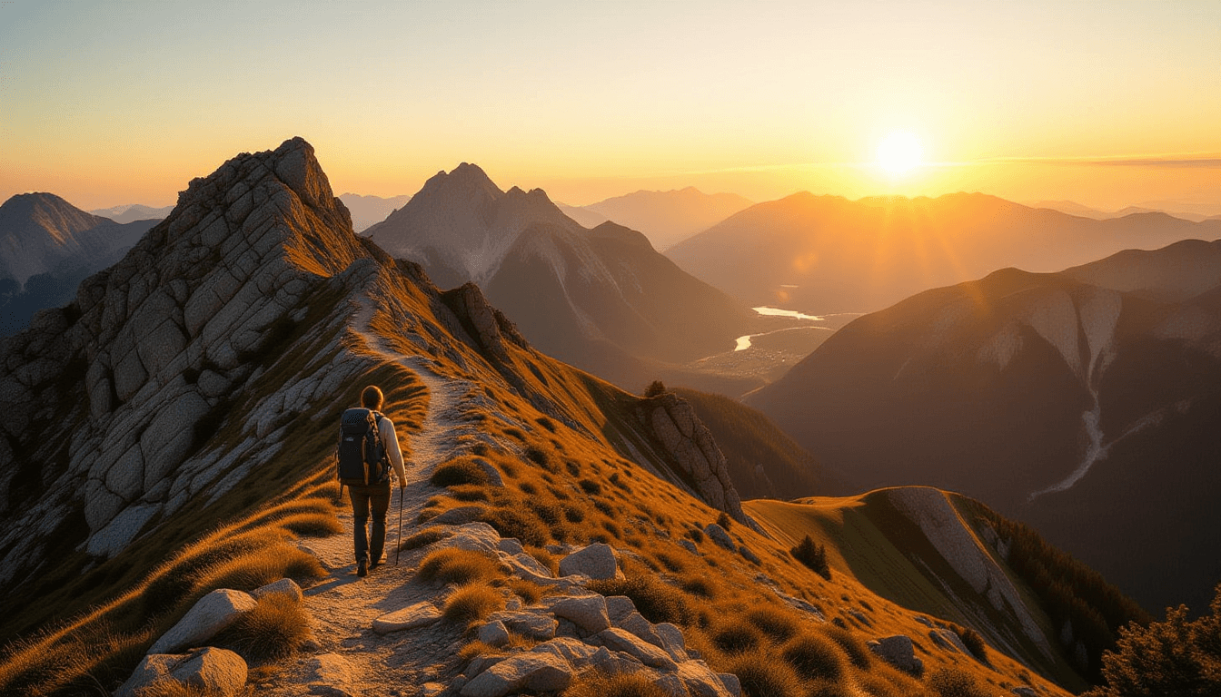 A lone hiker ascends a rugged mountain ridge at golden hour, the warm light illuminating the vast, u