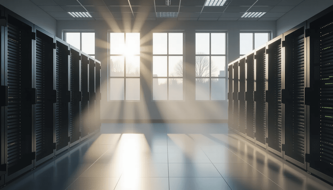 Morning fog clings to an empty server room as dawn’s first light cuts through high windows, illumina