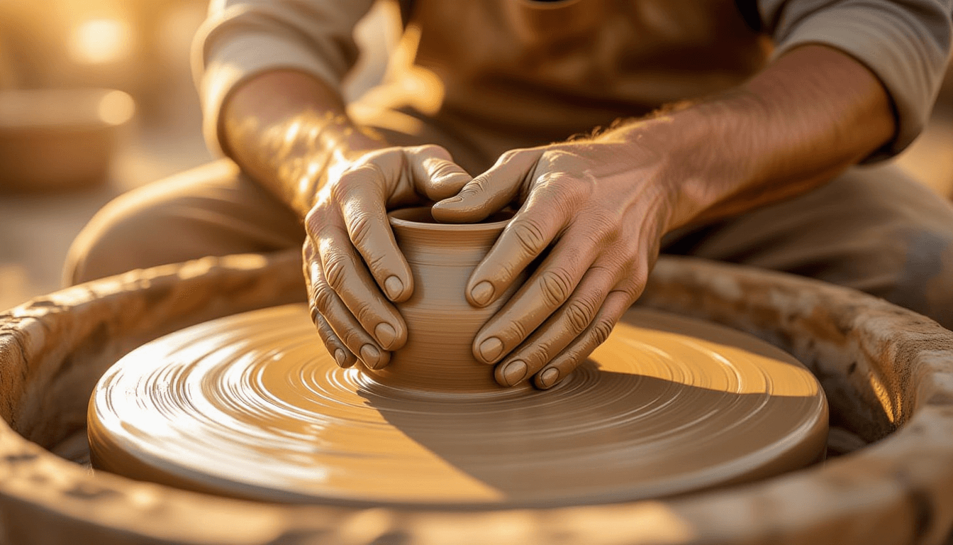 Golden hour light washes over weathered hands pressing warm, raw clay into form on a spinning wheel