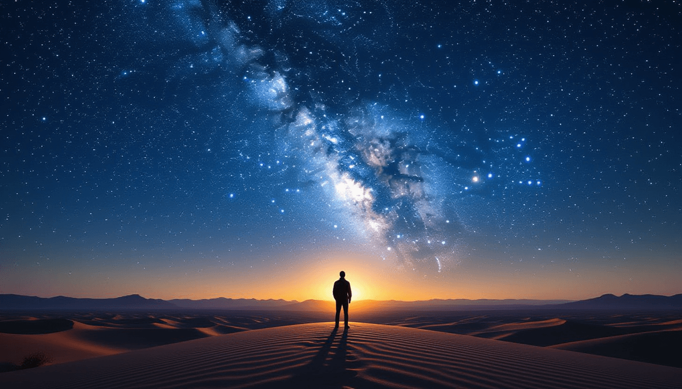 A lone founder stands on a windswept desert ridge at twilight, silhouetted against a vast, star-stre