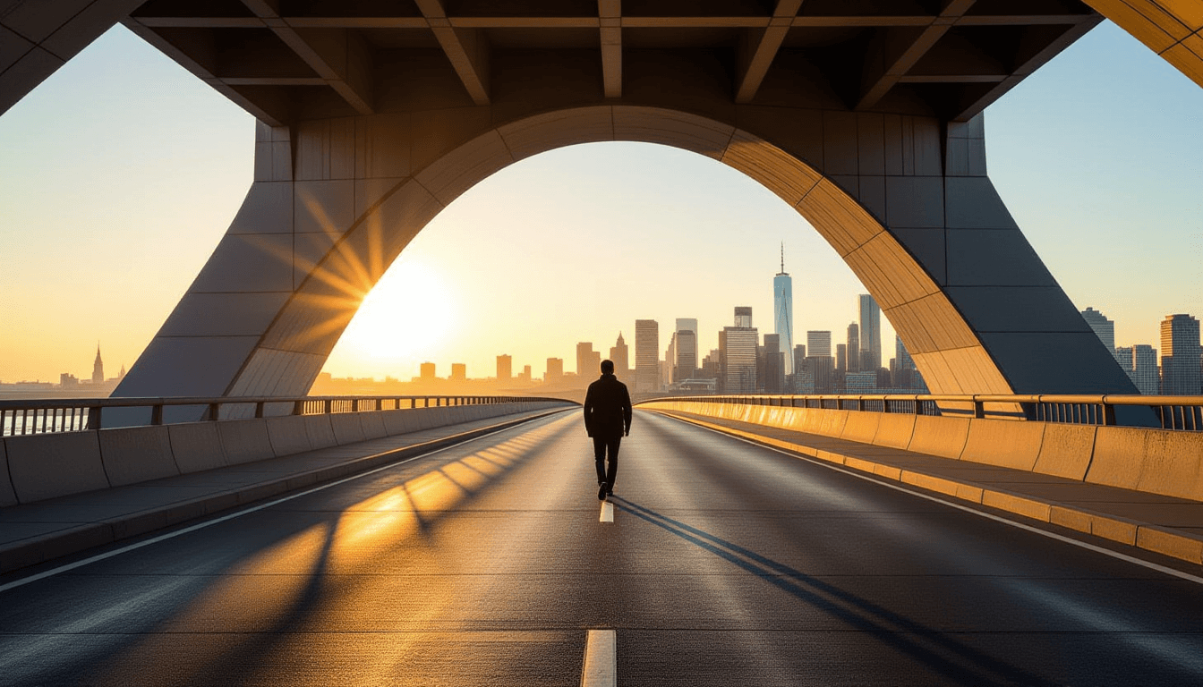 A solitary figure walks across a sweeping concrete arch bridge at golden hour, their shadow stretchi