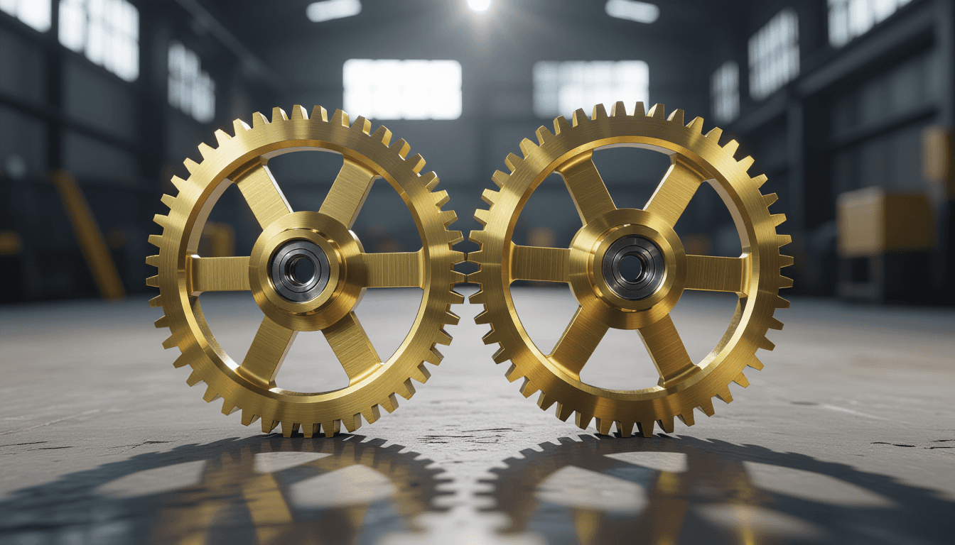 Interlocking brass gears turn under harsh industrial spotlights, their metallic teeth meshing with k