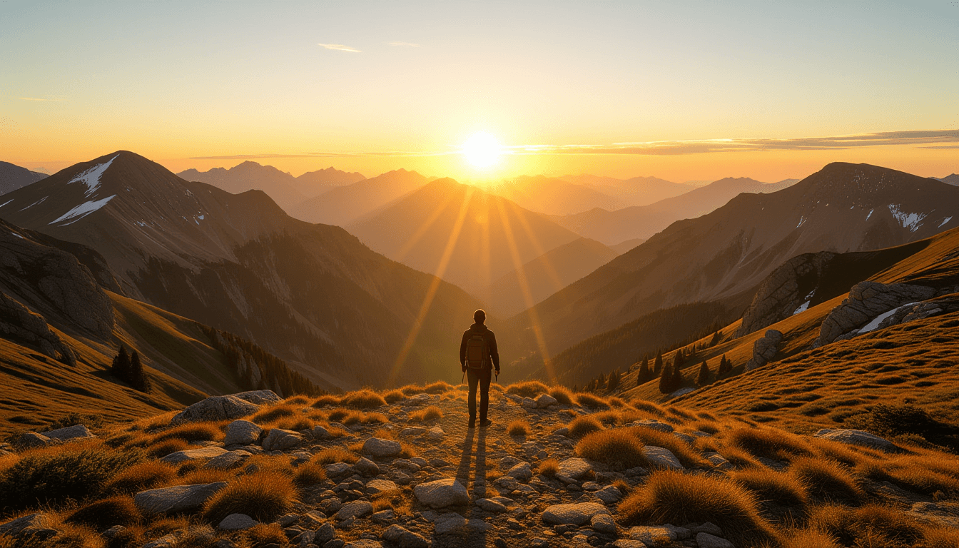 A vast mountain valley bathed in warm golden hour light, where a lone hiker’s shadow stretches long