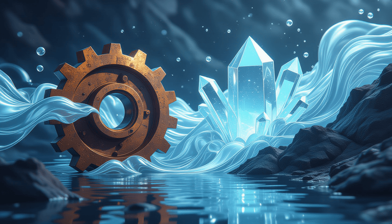 A heavy, rusted mechanical gear dissolves into a stream of luminous, fluid silver light, flowing sea