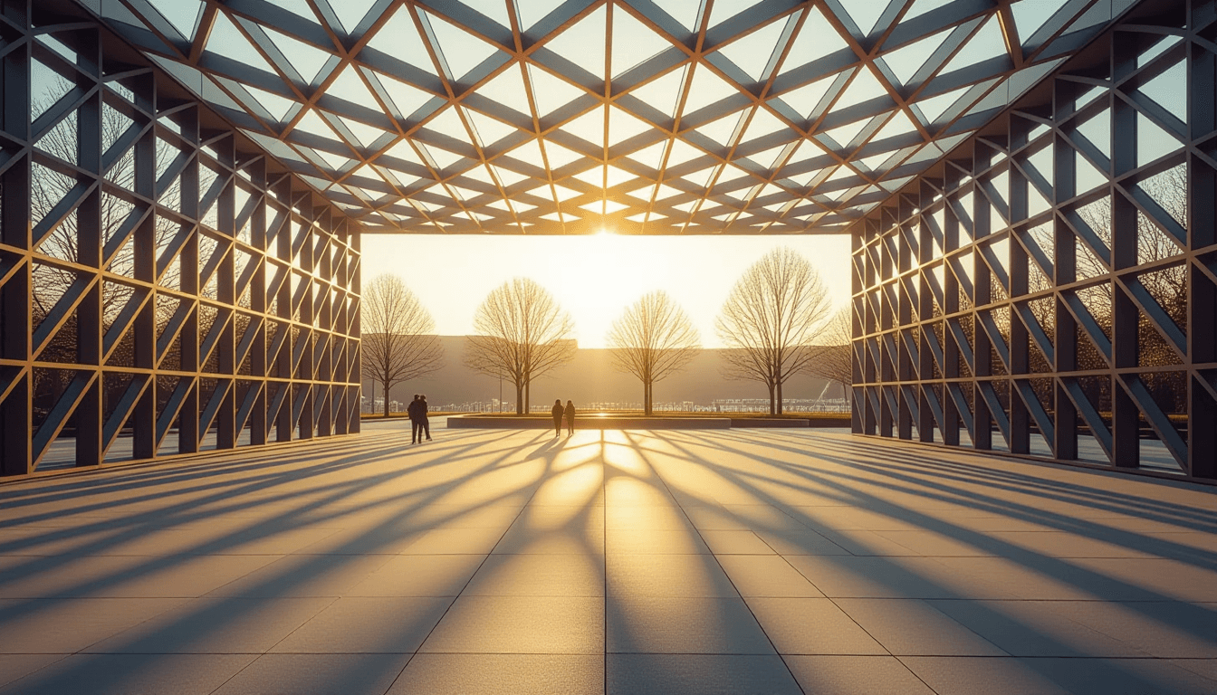 Sunlight filters through the geometric lattice of a modern pavilion, casting sharp, intersecting sha